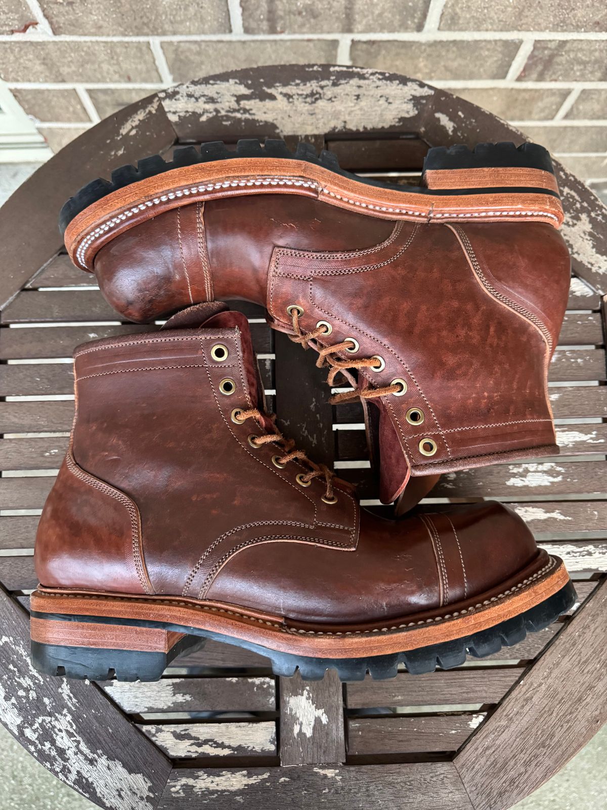 Photo by stevenh969 on December 2, 2025 of the Prof Barnets Bulky Cap Toe Boots in Maryam Brown Horsebutt.