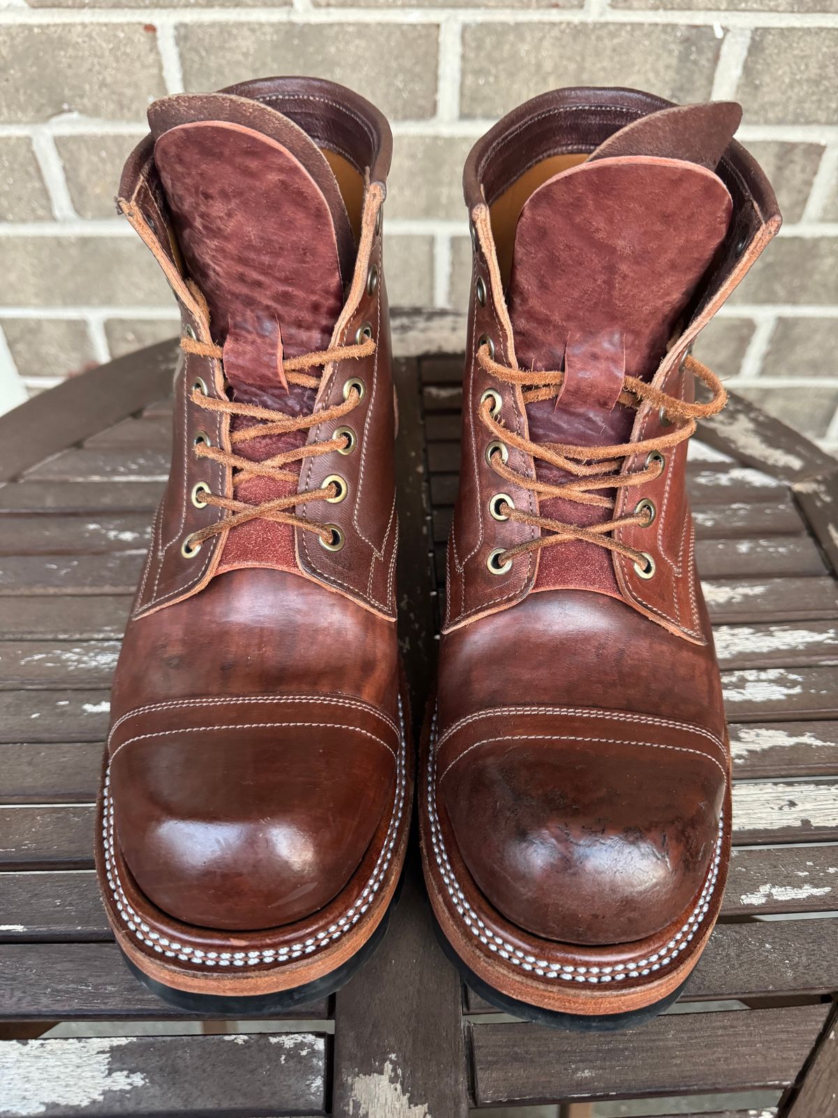 Photo by stevenh969 on December 2, 2025 of the Prof Barnets Bulky Cap Toe Boots in Maryam Brown Horsebutt.