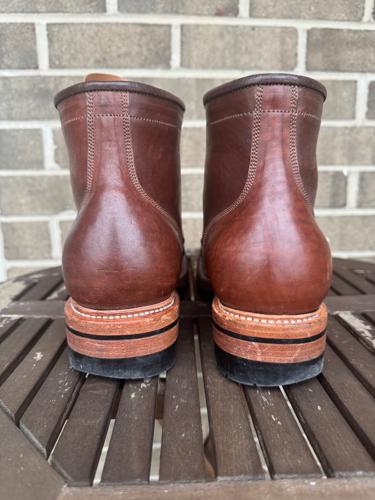 Photo by stevenh969 on January 2, 2026 of the Prof Barnets Bulky Cap Toe Boots in Maryam Brown Horsebutt.