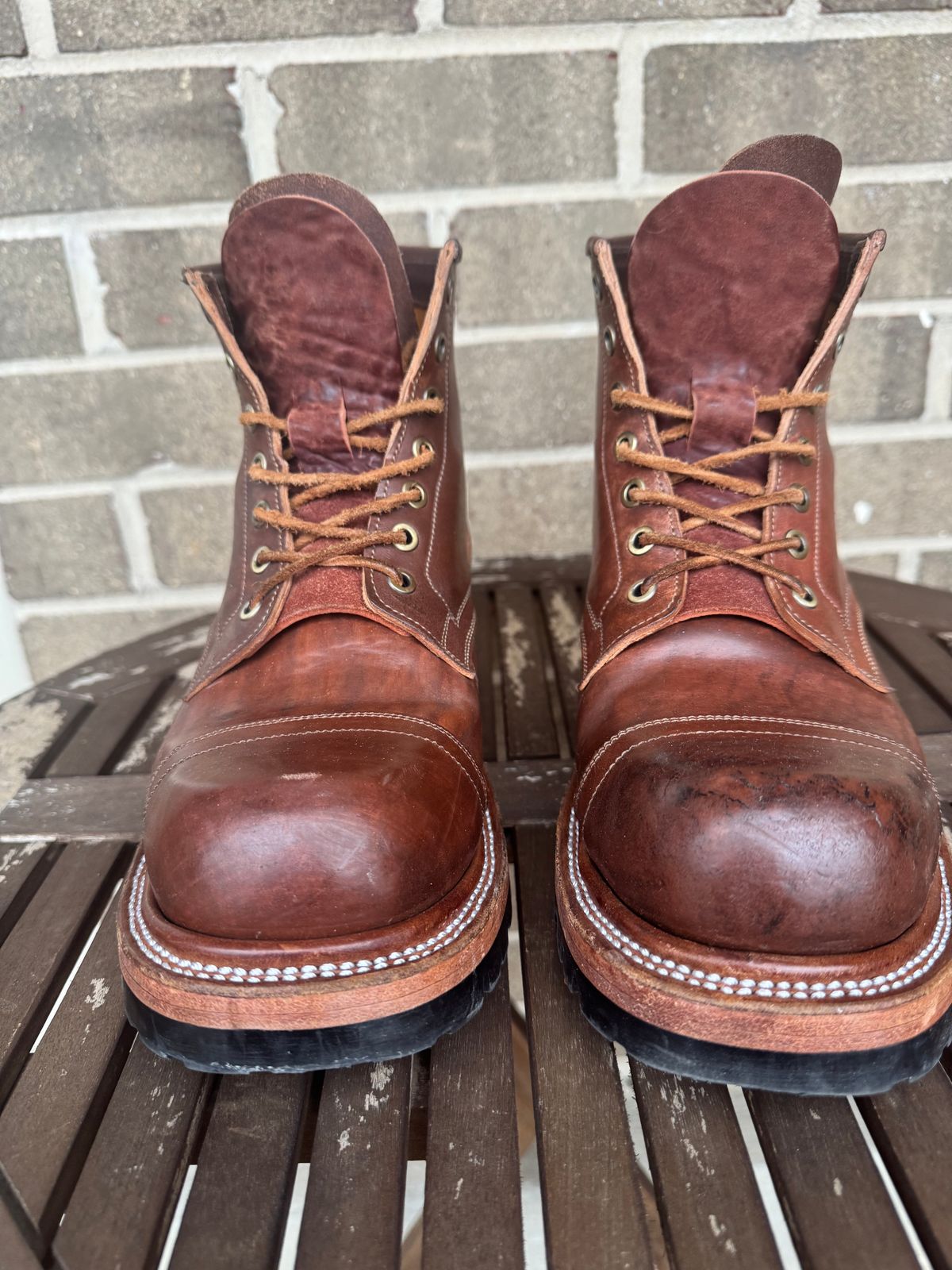 Photo by stevenh969 on January 2, 2026 of the Prof Barnets Bulky Cap Toe Boots in Maryam Brown Horsebutt.