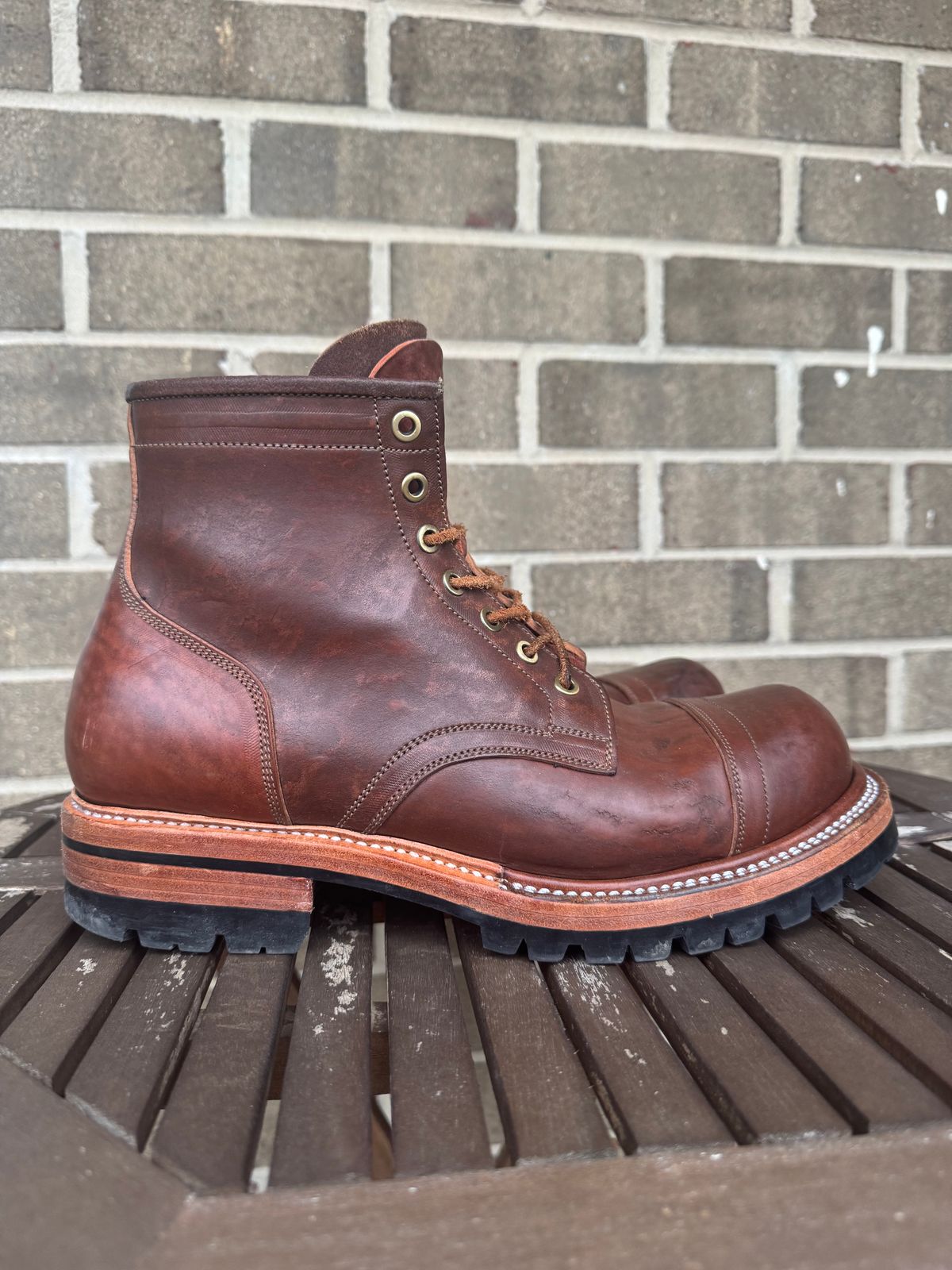 Photo by stevenh969 on January 2, 2026 of the Prof Barnets Bulky Cap Toe Boots in Maryam Brown Horsebutt.