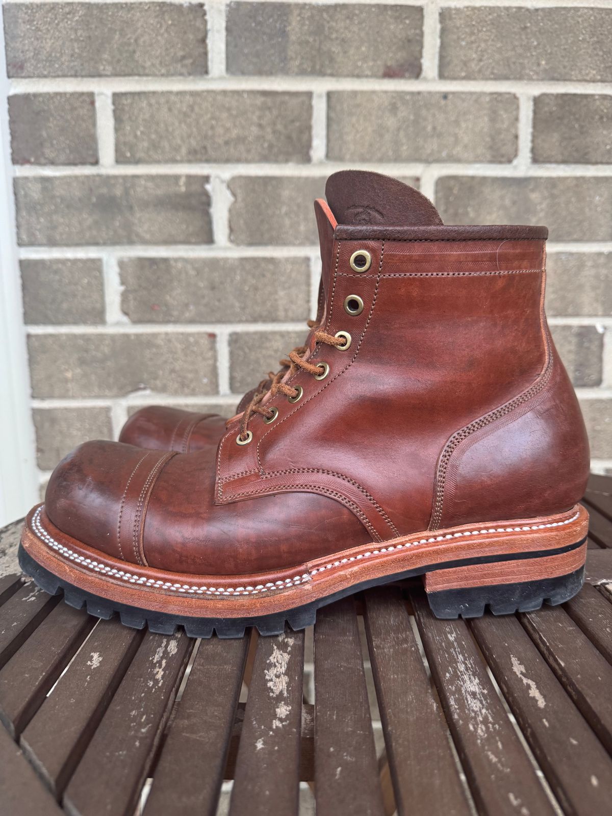 Photo by stevenh969 on January 2, 2026 of the Prof Barnets Bulky Cap Toe Boots in Maryam Brown Horsebutt.