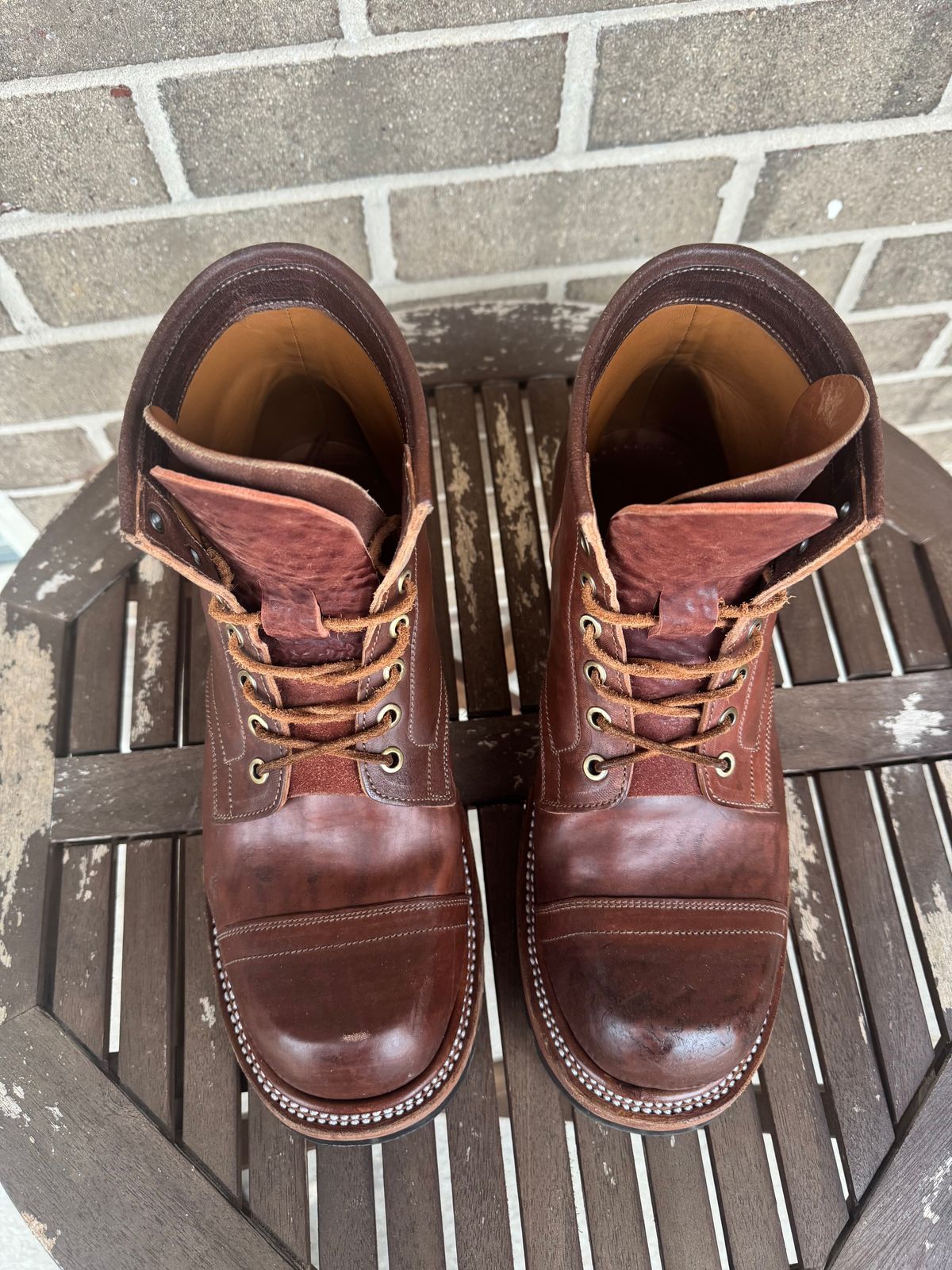 Photo by stevenh969 on January 2, 2026 of the Prof Barnets Bulky Cap Toe Boots in Maryam Brown Horsebutt.