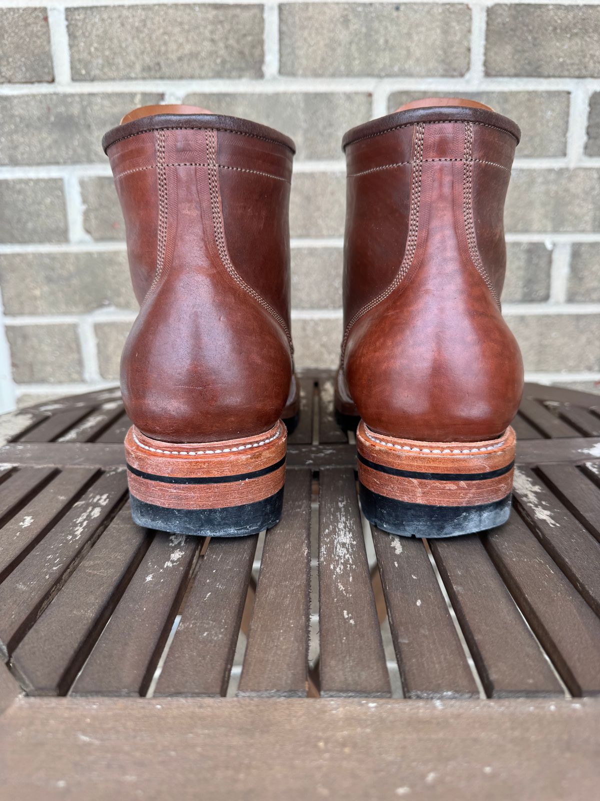 Photo by stevenh969 on February 3, 2026 of the Prof Barnets Bulky Cap Toe Boots in Maryam Brown Horsebutt.