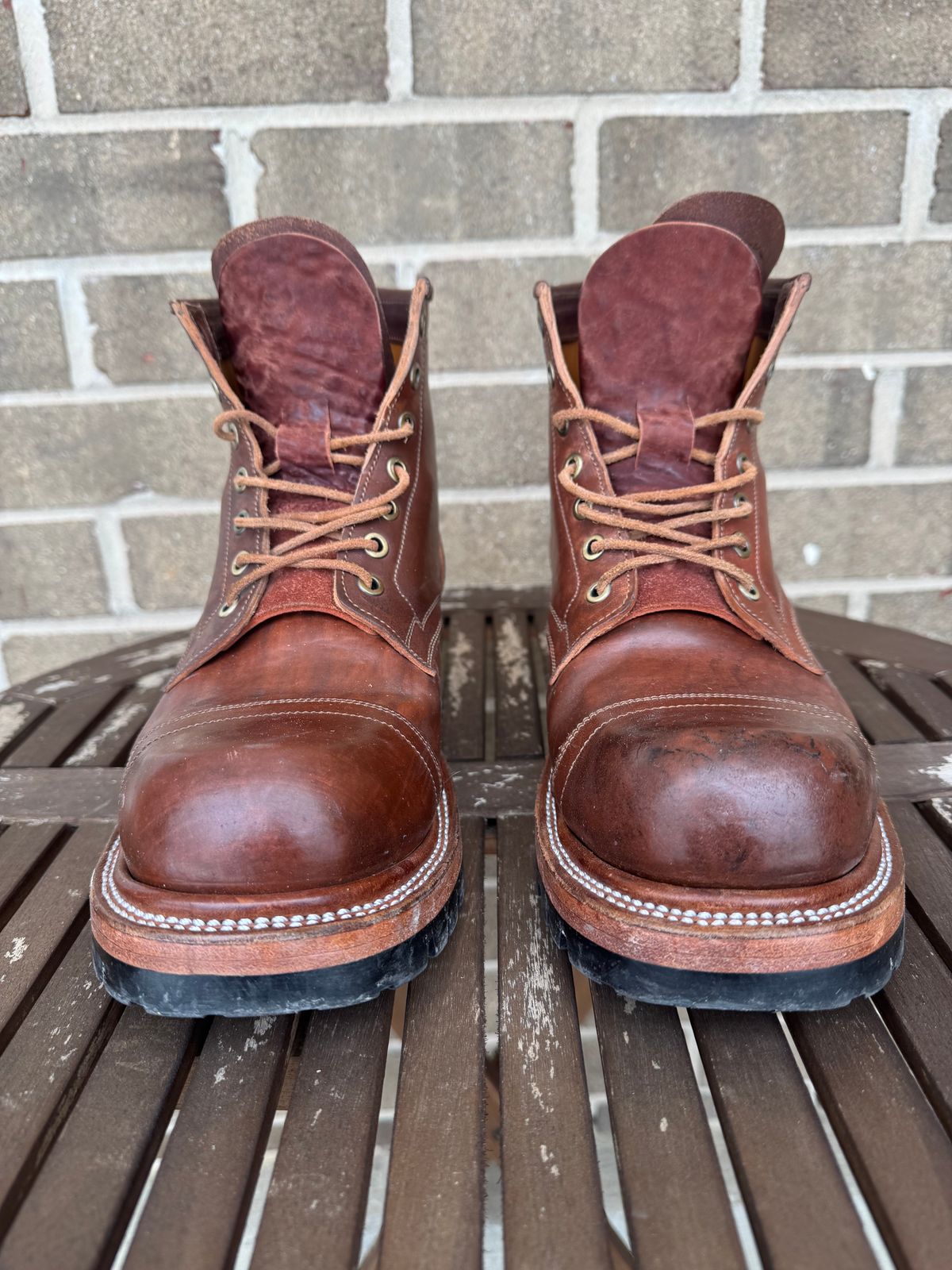 Photo by stevenh969 on February 3, 2026 of the Prof Barnets Bulky Cap Toe Boots in Maryam Brown Horsebutt.