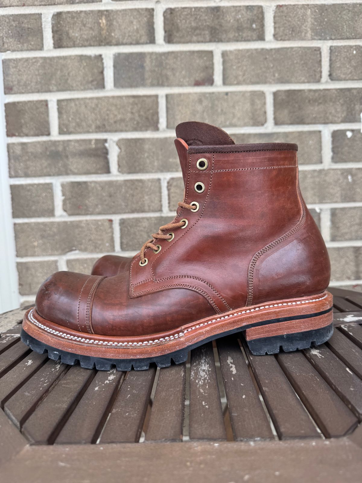 Photo by stevenh969 on February 3, 2026 of the Prof Barnets Bulky Cap Toe Boots in Maryam Brown Horsebutt.