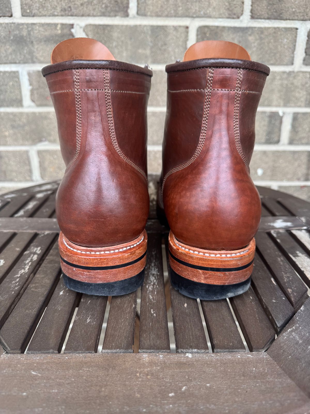 Photo by stevenh969 on April 2, 2026 of the Prof Barnets Bulky Cap Toe Boots in Maryam Brown Horsebutt.