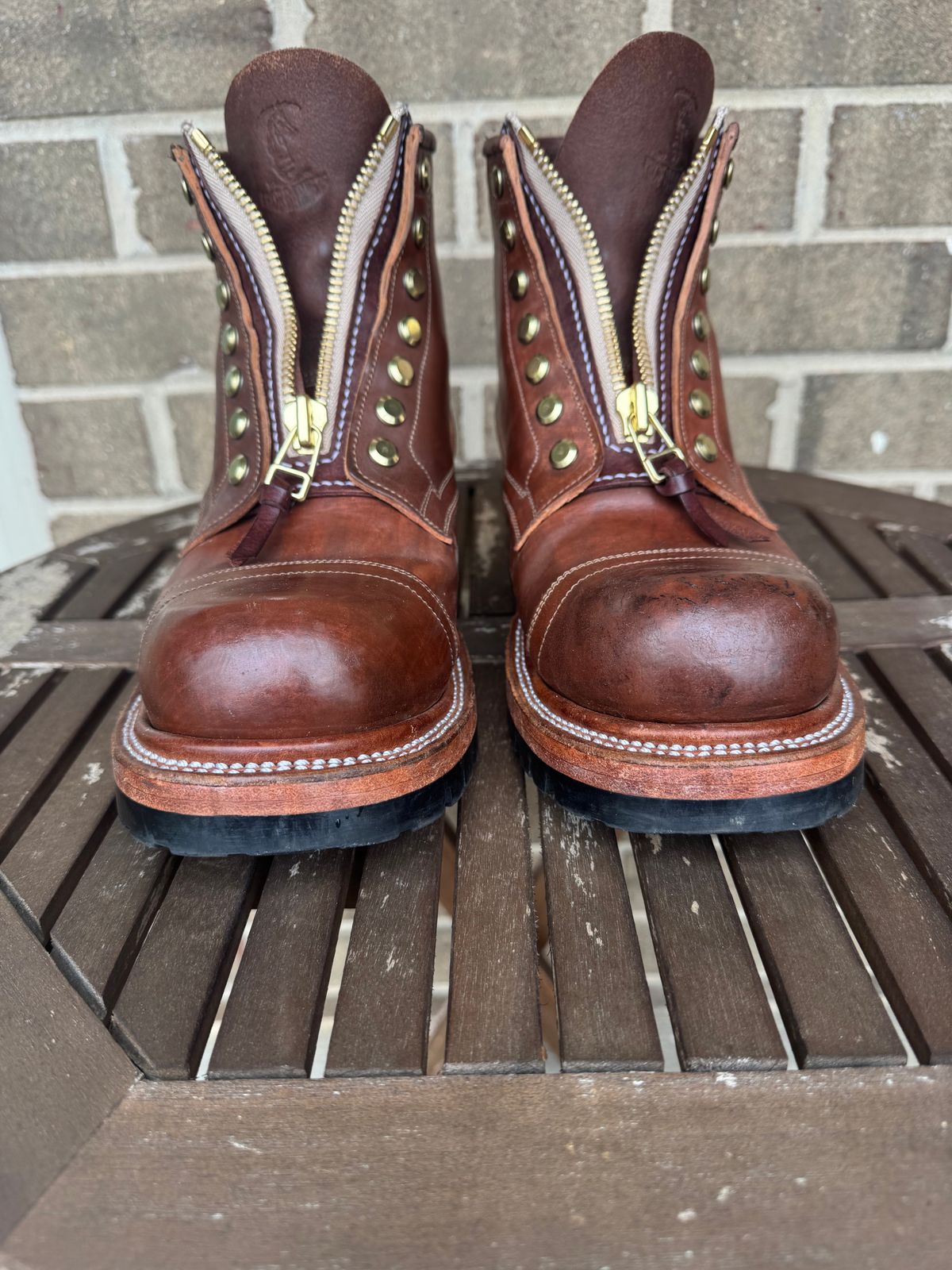 Photo by stevenh969 on April 2, 2026 of the Prof Barnets Bulky Cap Toe Boots in Maryam Brown Horsebutt.