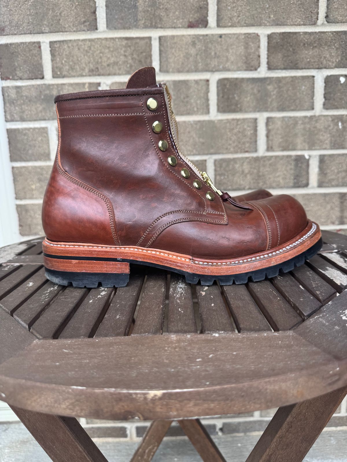 Photo by stevenh969 on April 2, 2026 of the Prof Barnets Bulky Cap Toe Boots in Maryam Brown Horsebutt.