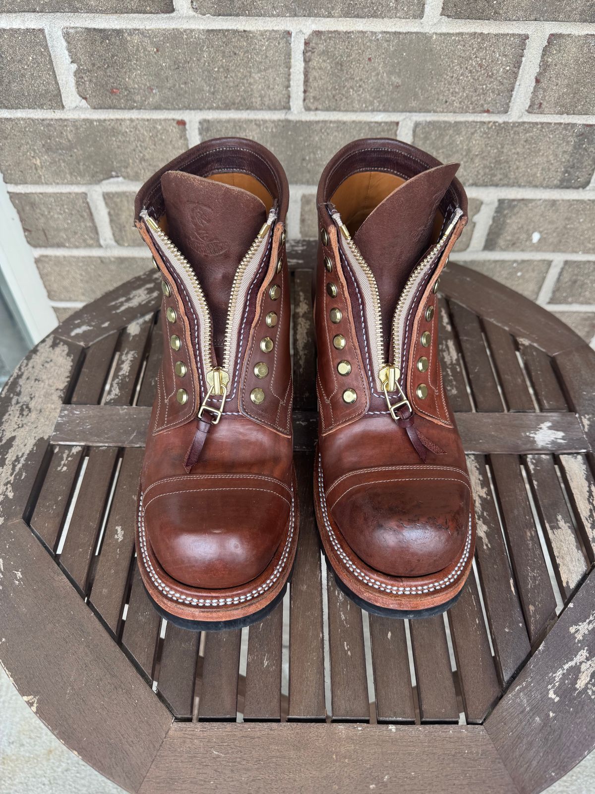 Photo by stevenh969 on April 2, 2026 of the Prof Barnets Bulky Cap Toe Boots in Maryam Brown Horsebutt.