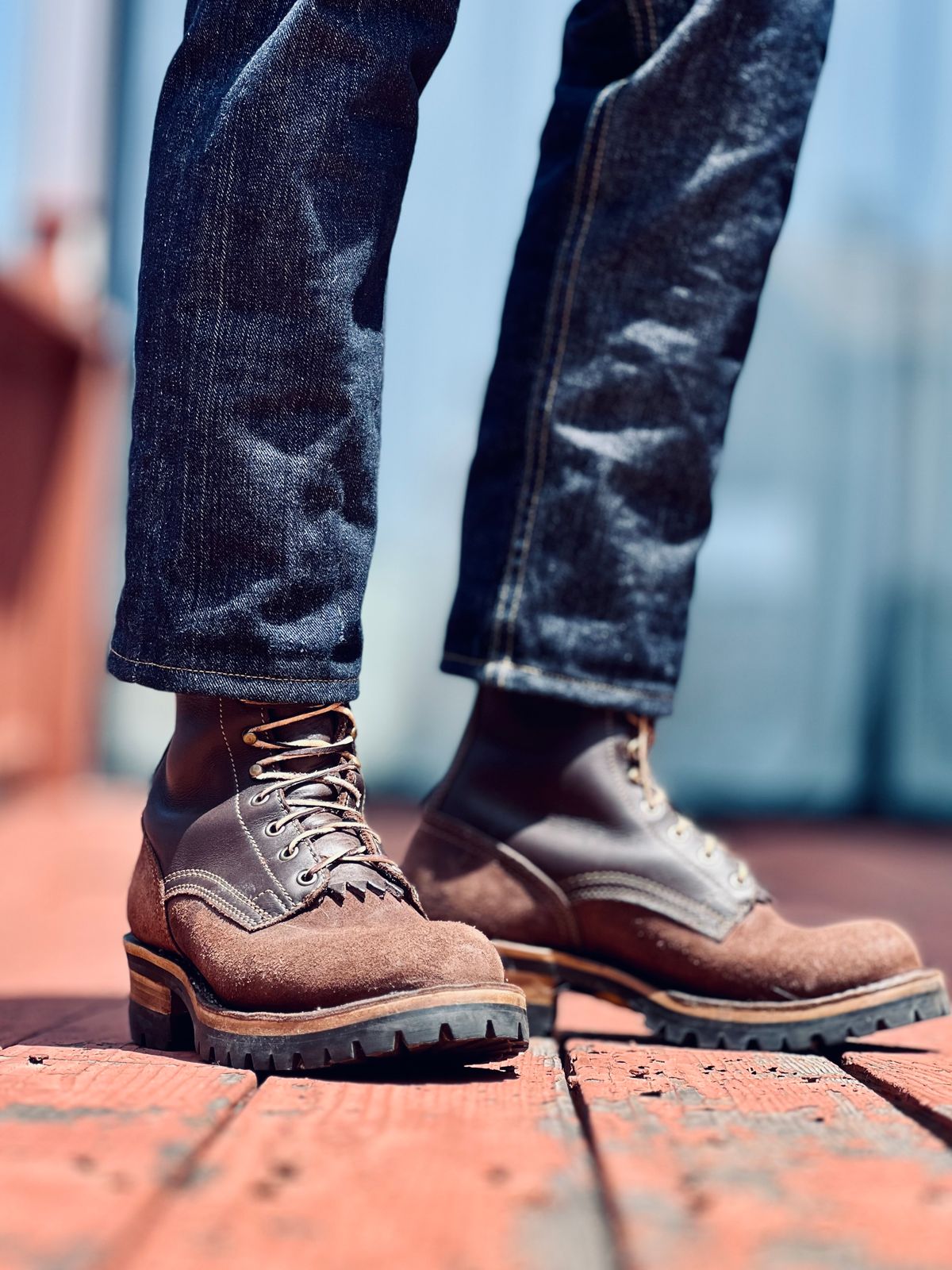Photo by patinatimes on May 7, 2025 of the Drew's Boots 8-Inch Logger in Brown Roughout & Brown Smooth.