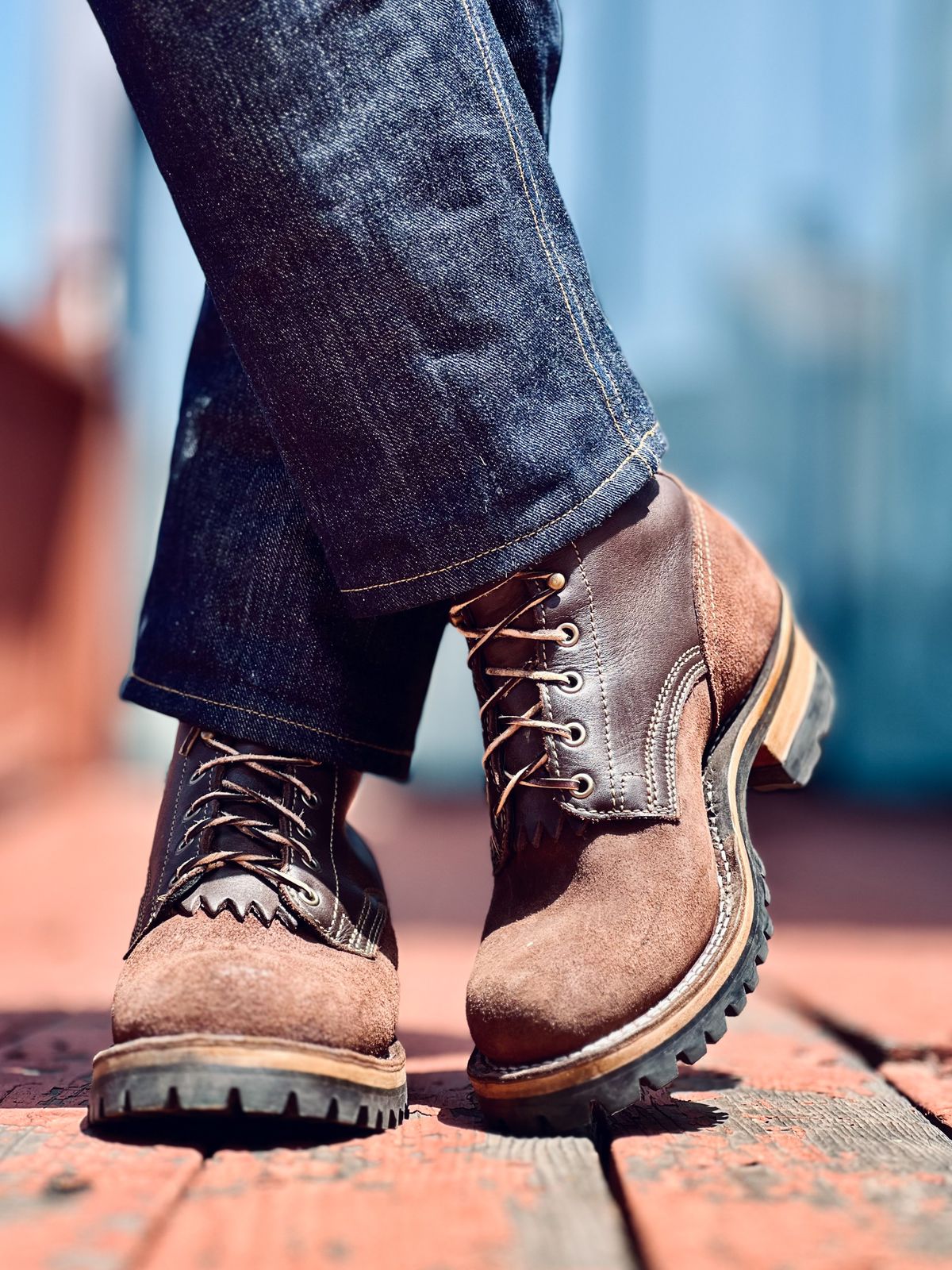 Photo by patinatimes on May 7, 2025 of the Drew's Boots 8-Inch Logger in Brown Roughout & Brown Smooth.