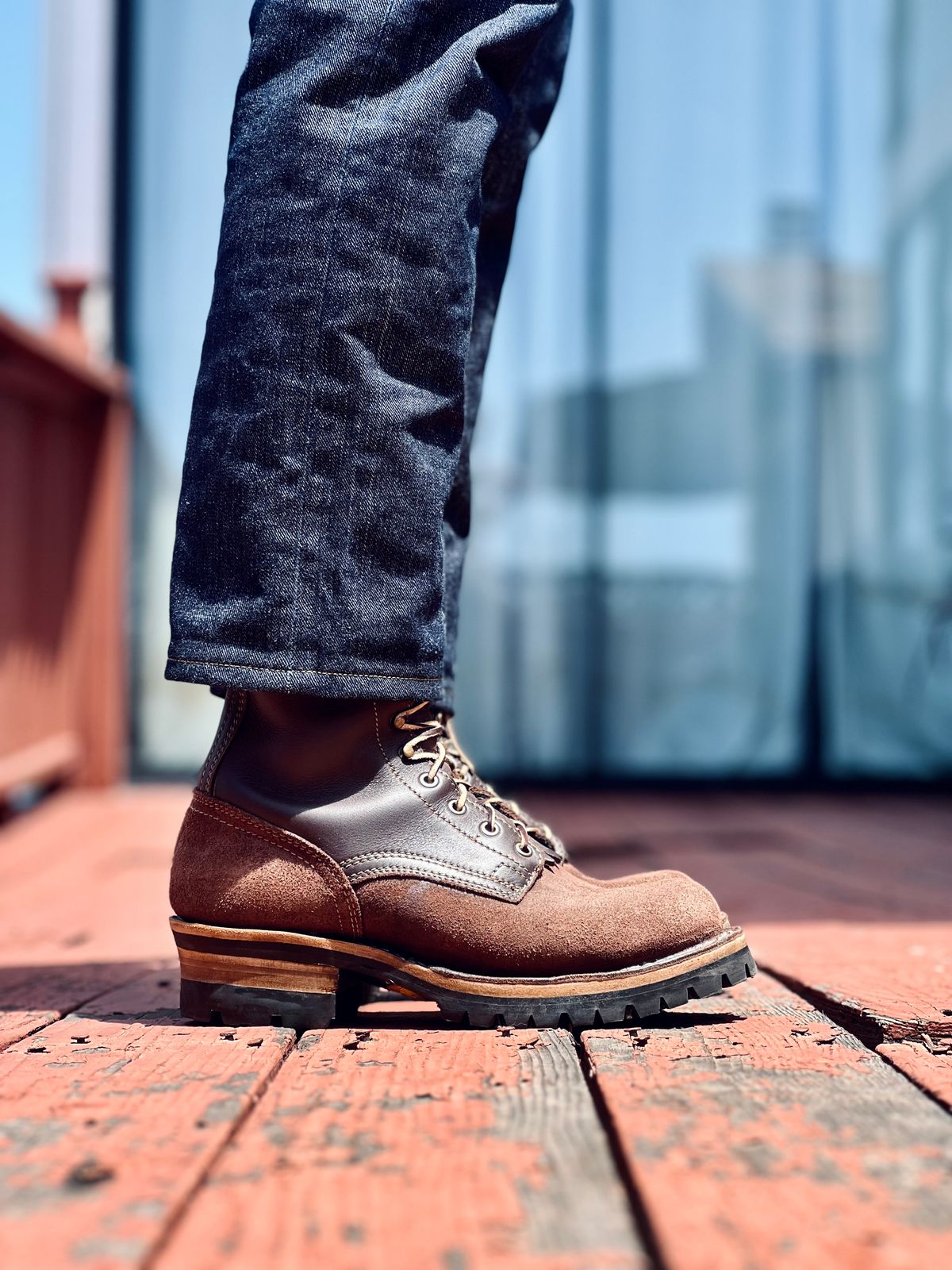Photo by patinatimes on May 7, 2025 of the Drew's Boots 8-Inch Logger in Brown Roughout & Brown Smooth.