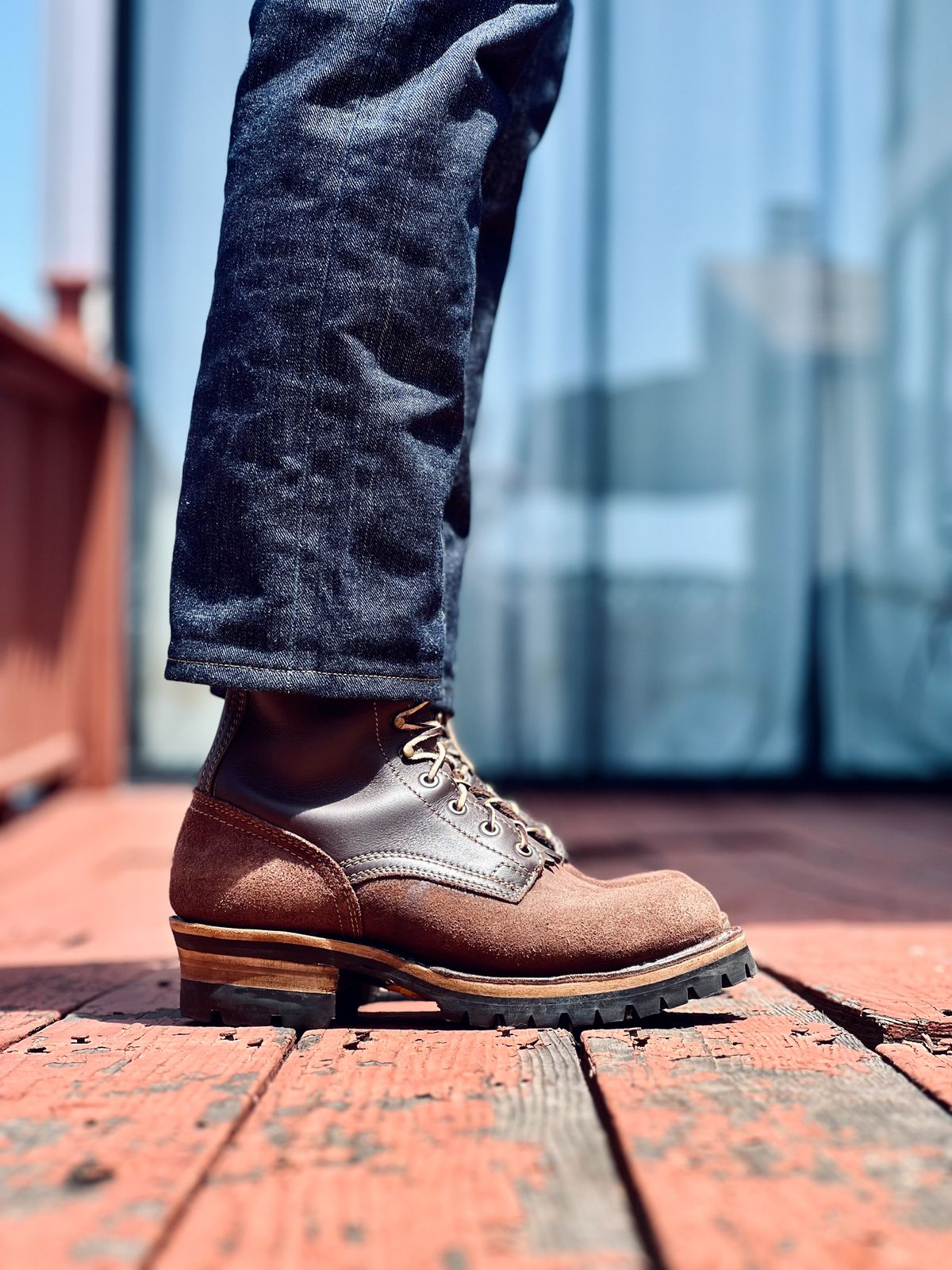 Photo by patinatimes on May 7, 2025 of the Drew's Boots 8-Inch Logger in Brown Roughout & Brown Smooth.