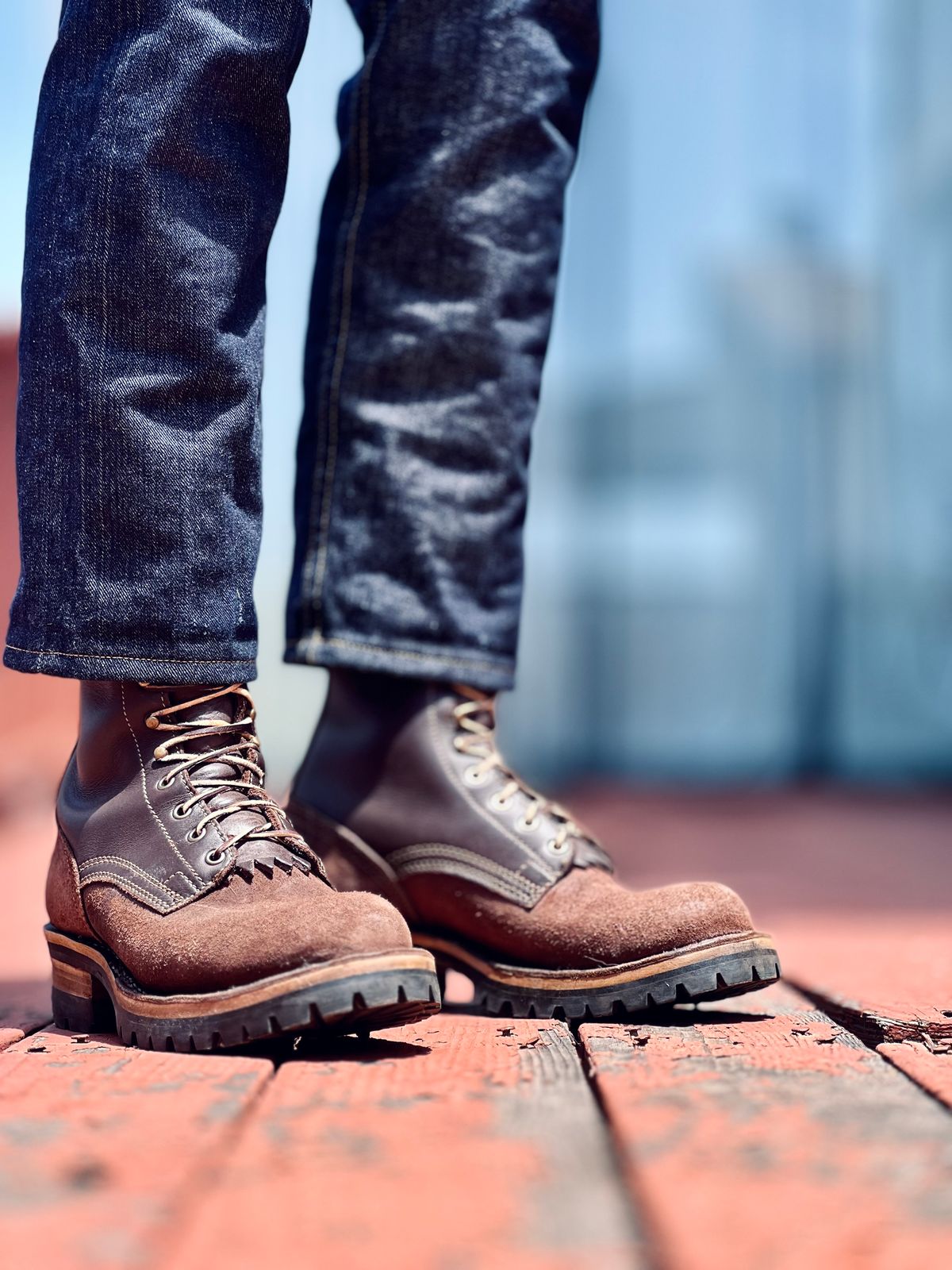 Photo by patinatimes on May 7, 2025 of the Drew's Boots 8-Inch Logger in Brown Roughout & Brown Smooth.