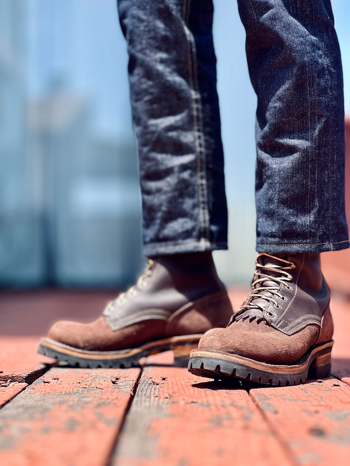 Photo by patinatimes on May 7, 2025 of the Drew's Boots 8-Inch Logger in Brown Roughout & Brown Smooth.
