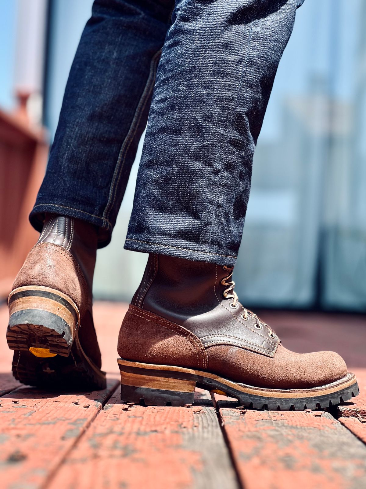 Photo by patinatimes on May 7, 2025 of the Drew's Boots 8-Inch Logger in Brown Roughout & Brown Smooth.