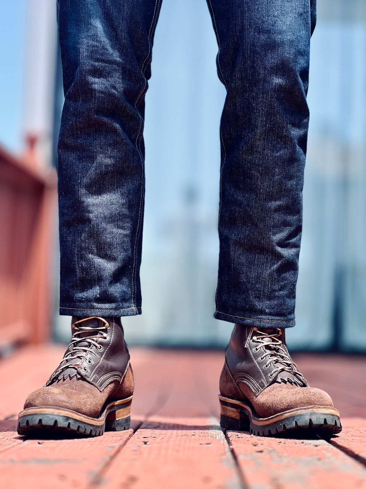 Photo by patinatimes on May 7, 2025 of the Drew's Boots 8-Inch Logger in Brown Roughout & Brown Smooth.