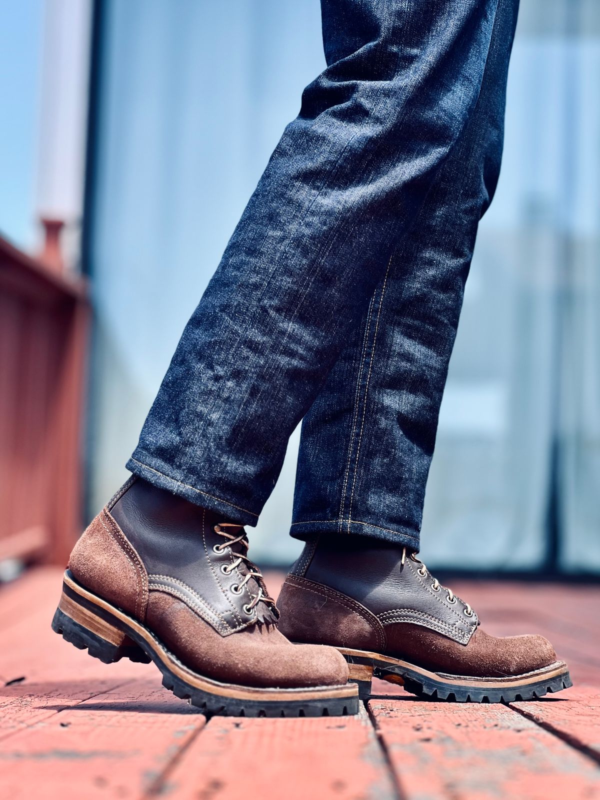 Photo by patinatimes on May 7, 2025 of the Drew's Boots 8-Inch Logger in Brown Roughout & Brown Smooth.