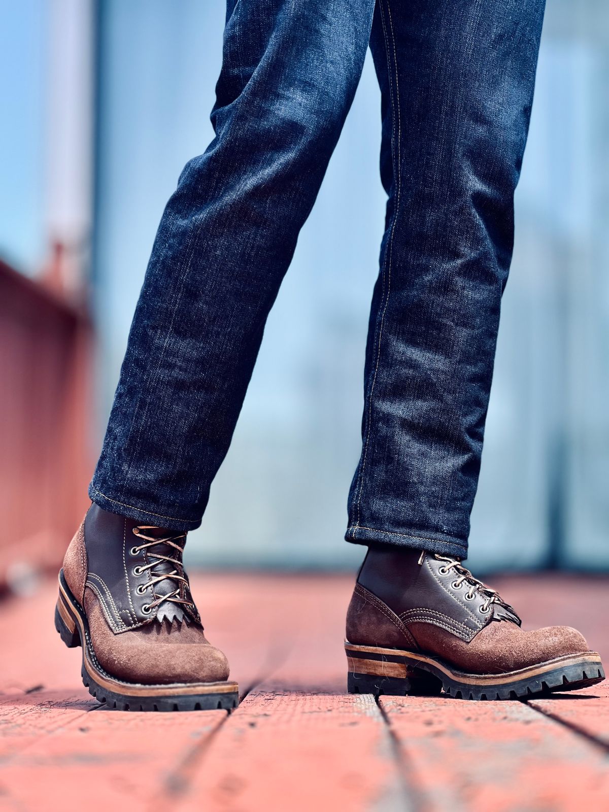 Photo by patinatimes on May 7, 2025 of the Drew's Boots 8-Inch Logger in Brown Roughout & Brown Smooth.