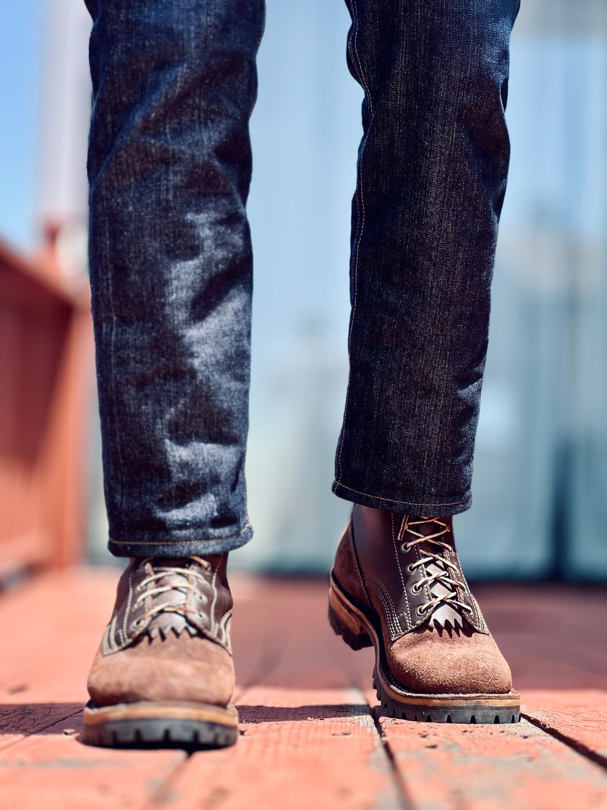 Photo by patinatimes on May 7, 2025 of the Drew's Boots 8-Inch Logger in Brown Roughout & Brown Smooth.