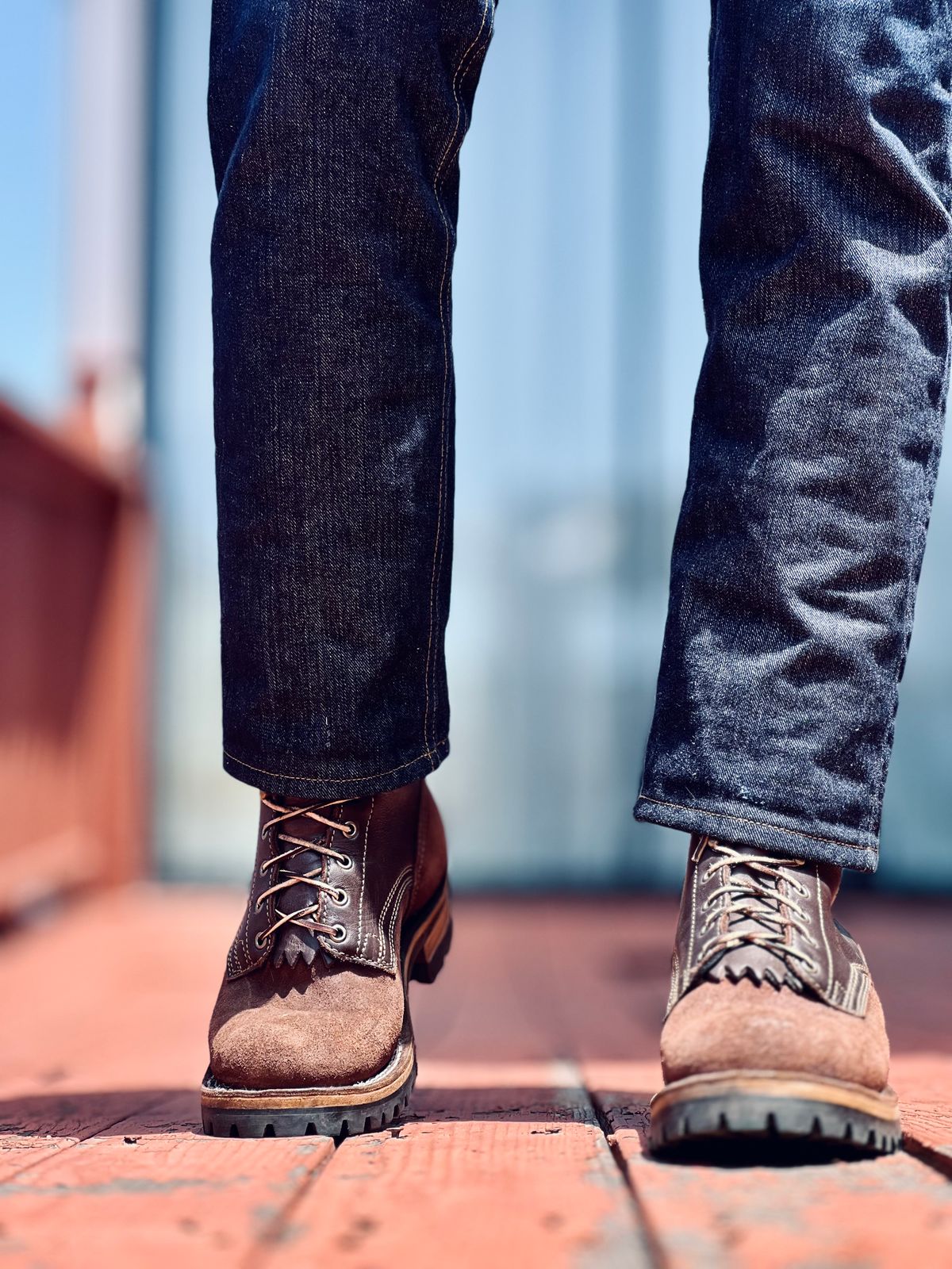 Photo by patinatimes on May 7, 2025 of the Drew's Boots 8-Inch Logger in Brown Roughout & Brown Smooth.