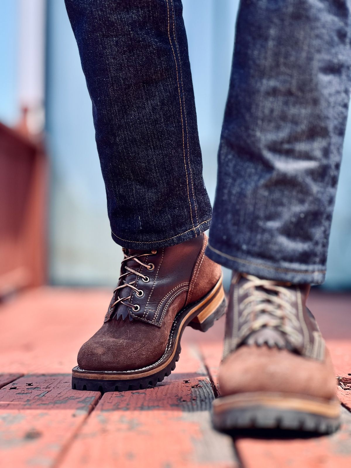 Photo by patinatimes on May 7, 2025 of the Drew's Boots 8-Inch Logger in Brown Roughout & Brown Smooth.