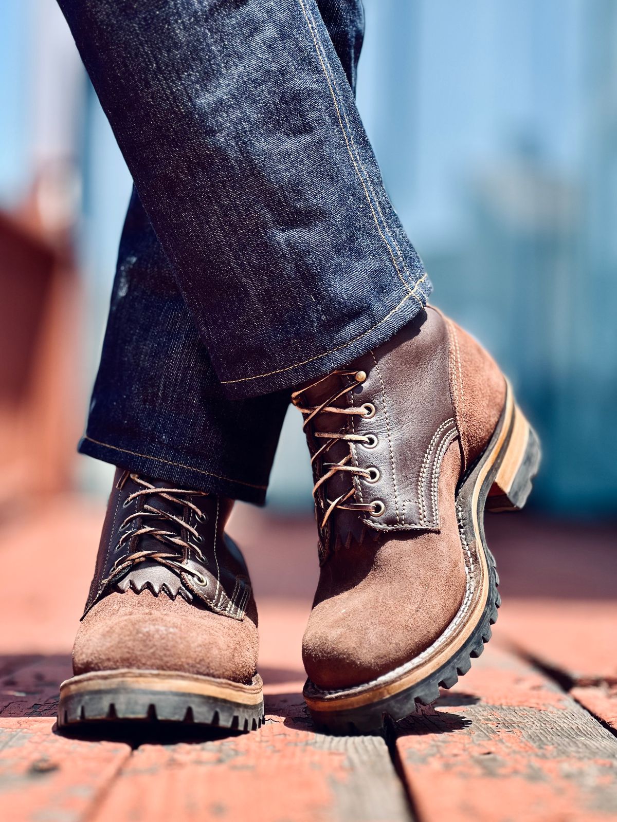 Photo by patinatimes on May 7, 2025 of the Drew's Boots 8-Inch Logger in Brown Roughout & Brown Smooth.