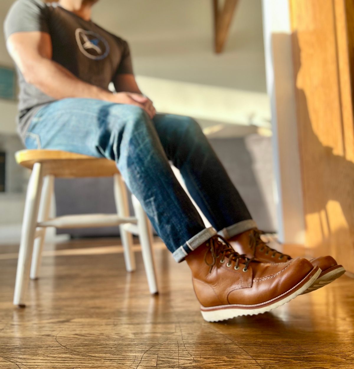 Photo by patinatimes on October 18, 2023 of the Grant Stone Brass Boot in Badalassi Carlo Saddle Tan Minerva.