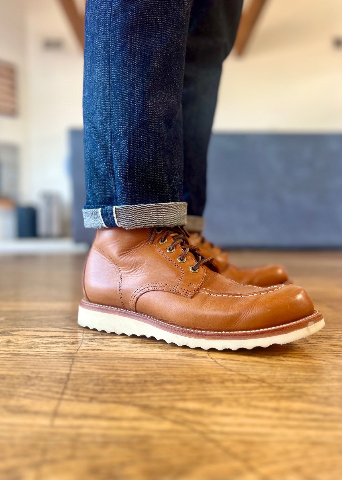 Photo by patinatimes on March 24, 2023 of the Grant Stone Brass Boot in Badalassi Carlo Saddle Tan Minerva.