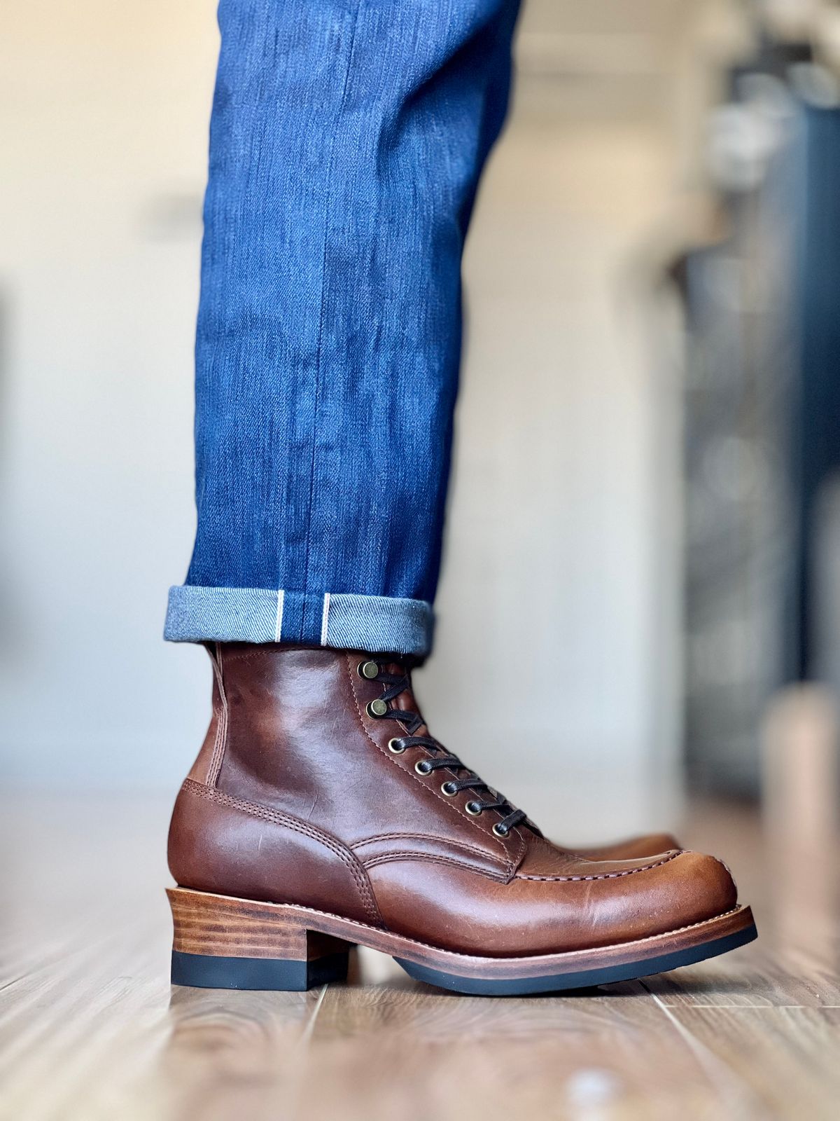 Photo by patinatimes on March 22, 2025 of the Crush On Retro Norwegian Toe Logger in C.F. Stead Caramel Classic Oiled Shoulder.