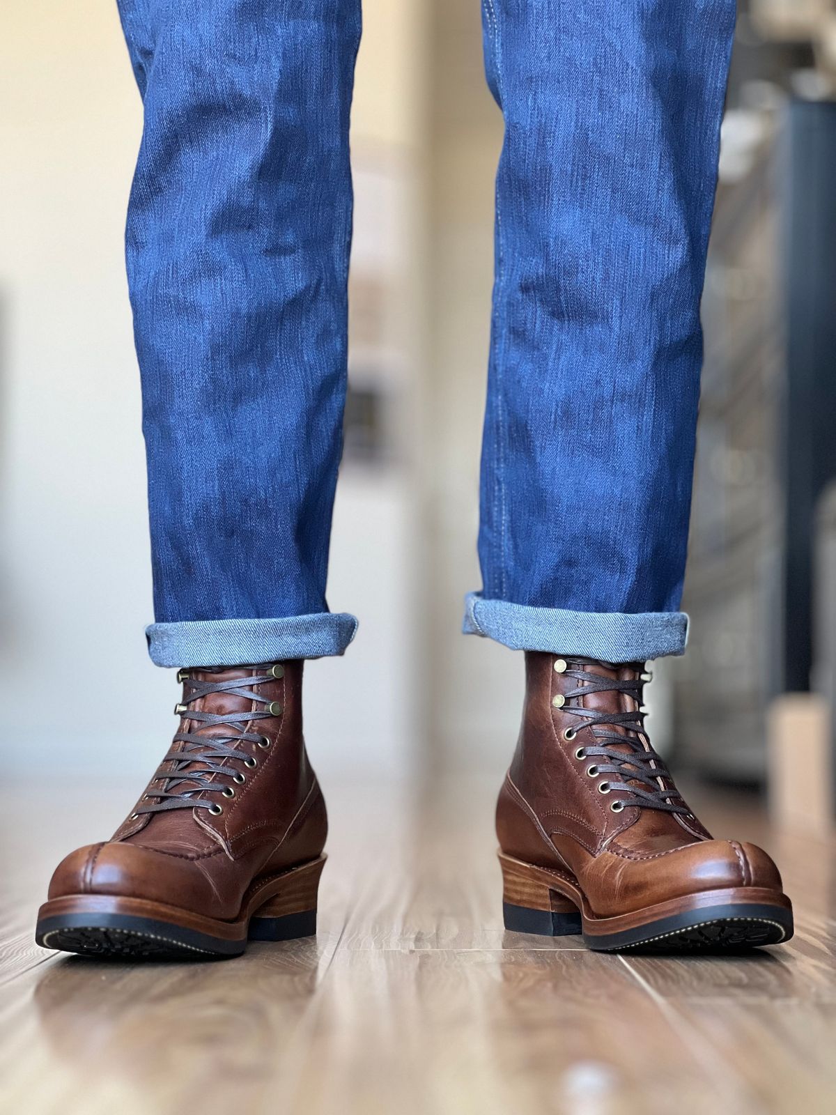 Photo by patinatimes on March 22, 2025 of the Crush On Retro Norwegian Toe Logger in C.F. Stead Caramel Classic Oiled Shoulder.