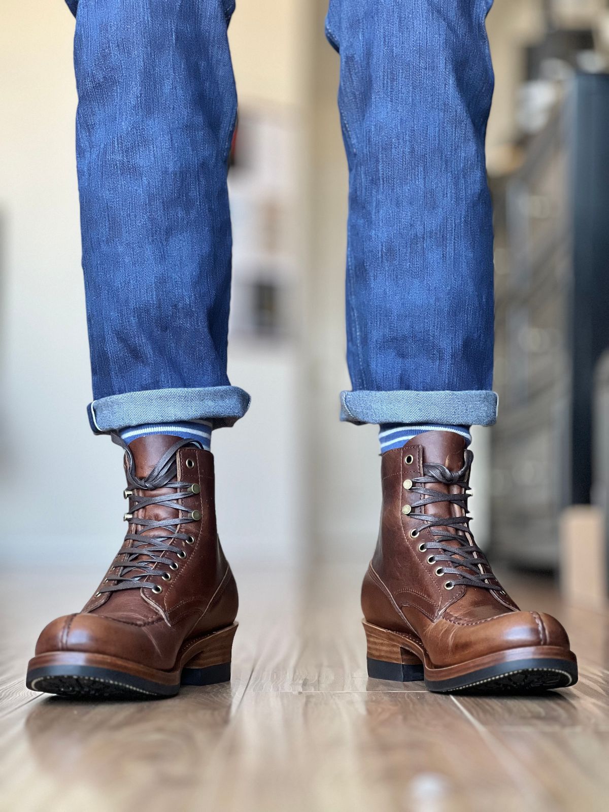 Photo by patinatimes on March 22, 2025 of the Crush On Retro Norwegian Toe Logger in C.F. Stead Caramel Classic Oiled Shoulder.