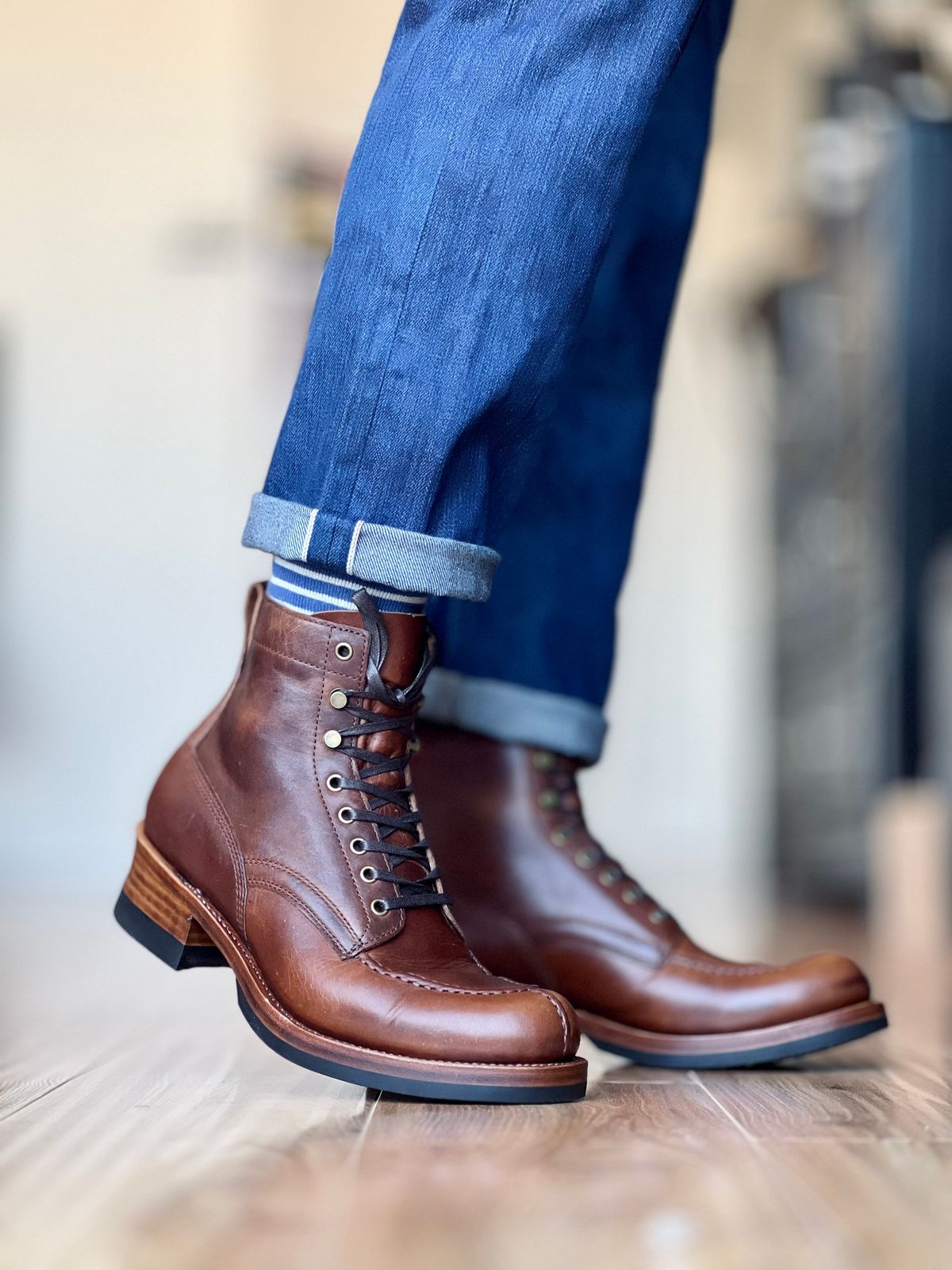 Photo by patinatimes on March 22, 2025 of the Crush On Retro Norwegian Toe Logger in C.F. Stead Caramel Classic Oiled Shoulder.