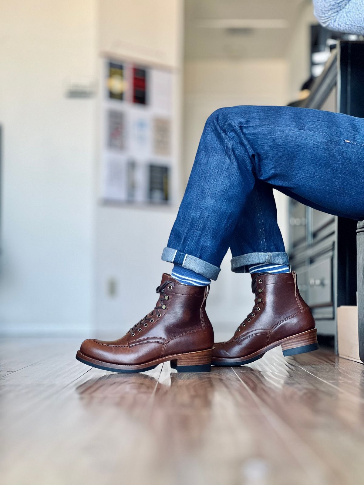 Photo by patinatimes on March 22, 2025 of the Crush On Retro Norwegian Toe Logger in C.F. Stead Caramel Classic Oiled Shoulder.