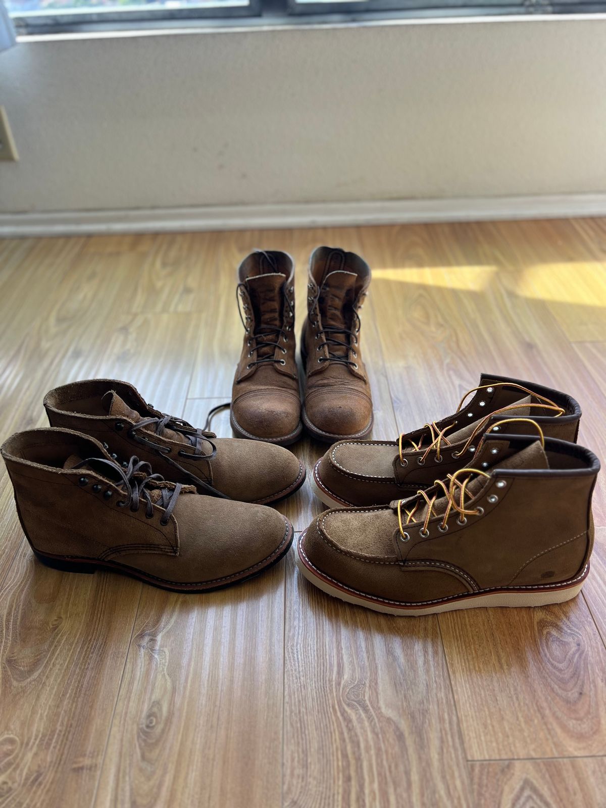 Photo by patinatimes on December 9, 2023 of the Red Wing Merchant in S.B. Foot Olive Mohave Roughout.