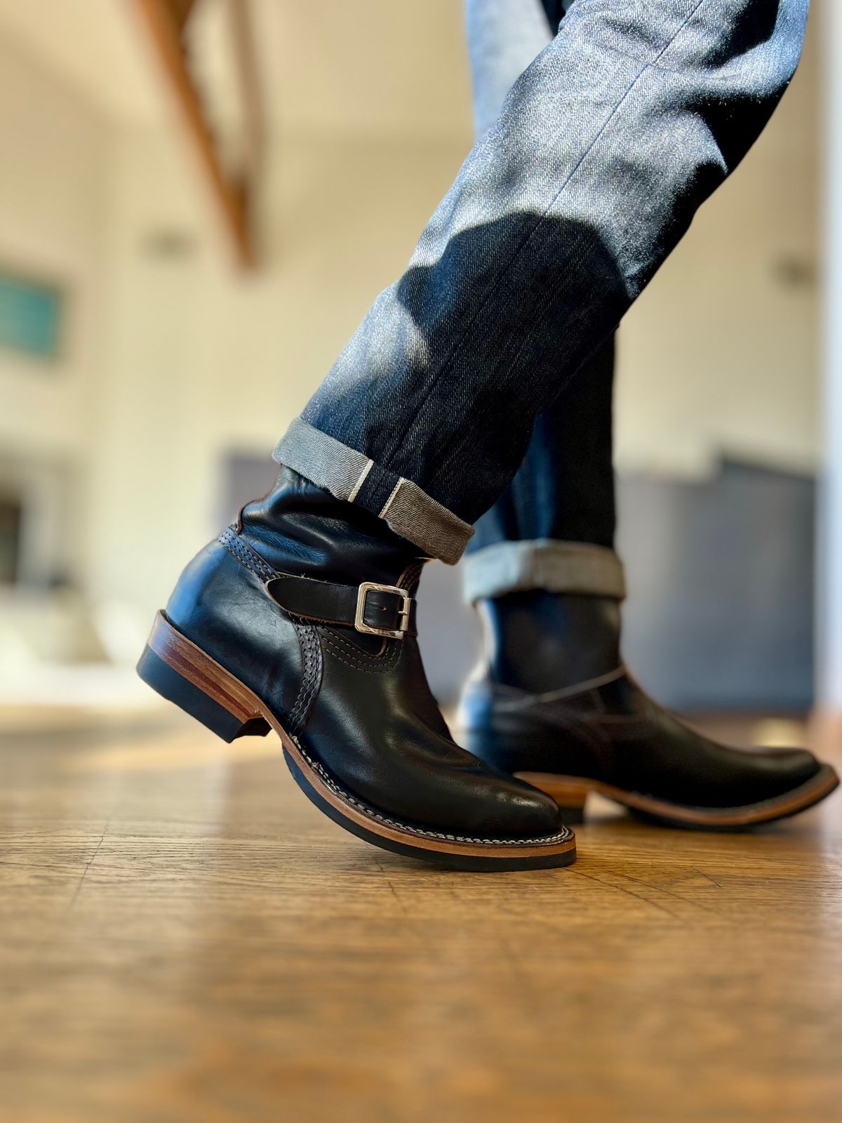 Photo by patinatimes on January 9, 2024 of the Wesco Mister Lou in Horween Black Chromexcel Horsehide.