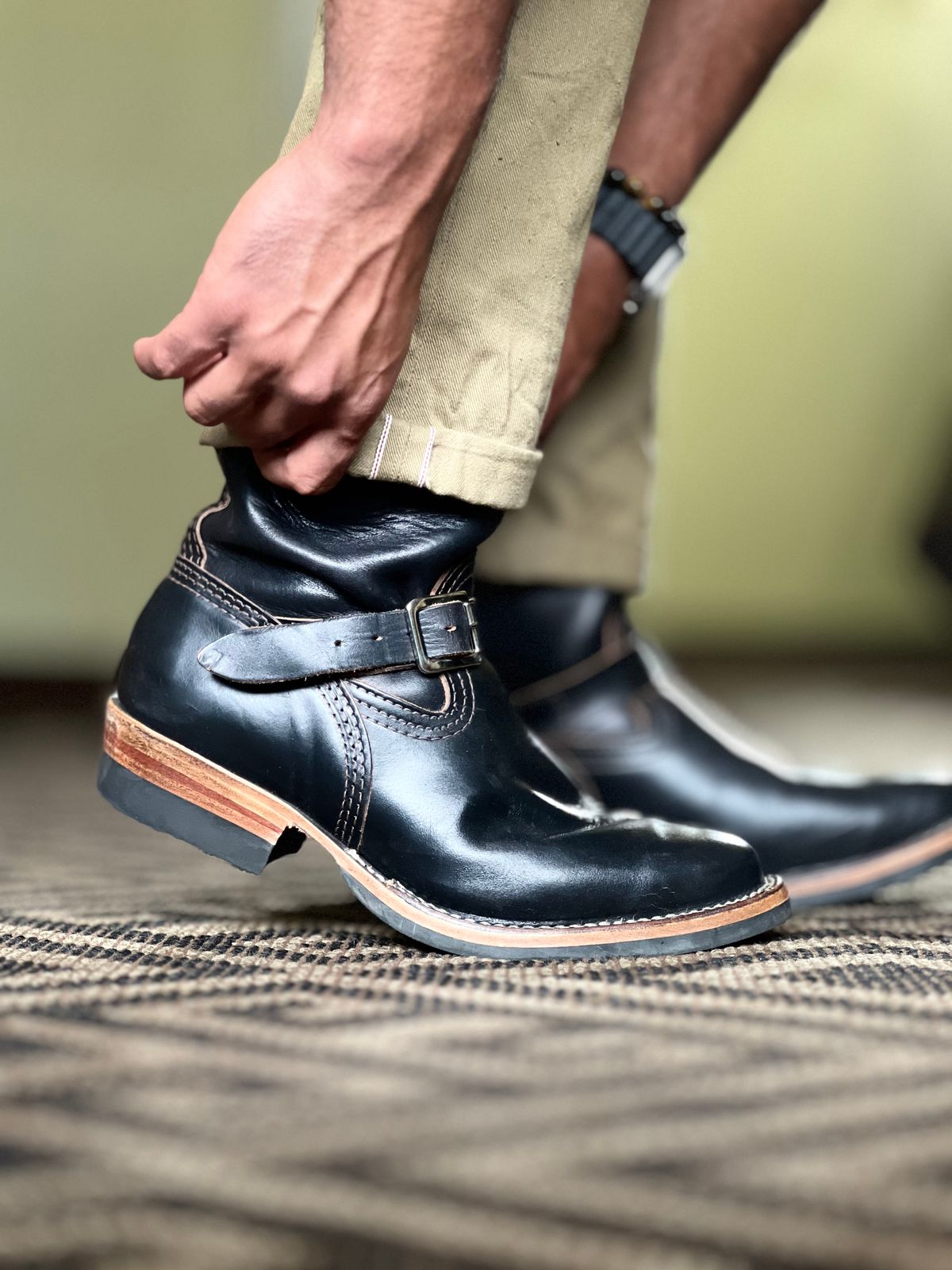 Photo by patinatimes on October 12, 2024 of the Wesco Mister Lou in Horween Black Chromexcel Horsehide.