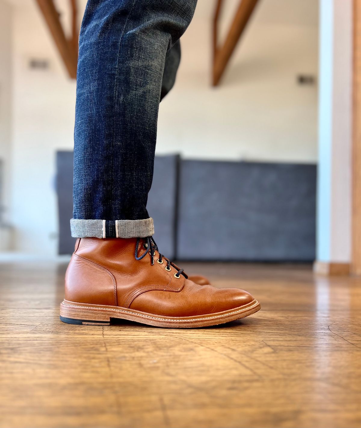 Photo by patinatimes on October 5, 2023 of the Grant Stone Diesel Boot in Badalassi Carlo Saddle Tan Minerva.