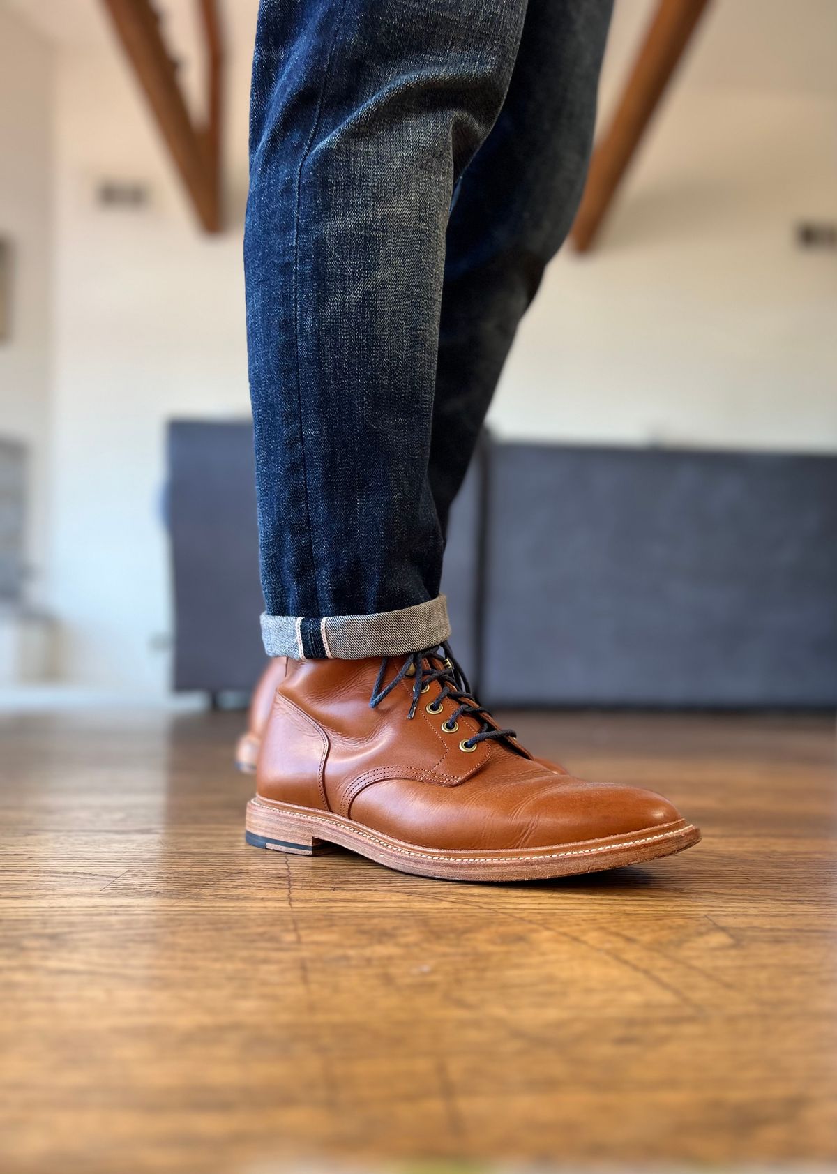 Photo by patinatimes on October 5, 2023 of the Grant Stone Diesel Boot in Badalassi Carlo Saddle Tan Minerva.