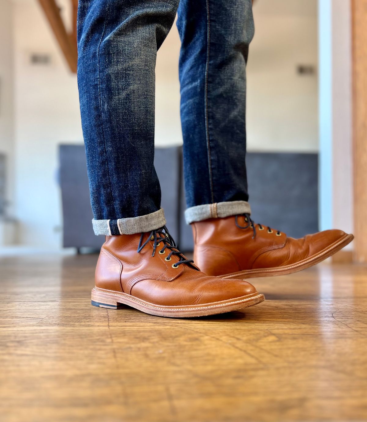 Photo by patinatimes on October 5, 2023 of the Grant Stone Diesel Boot in Badalassi Carlo Saddle Tan Minerva.