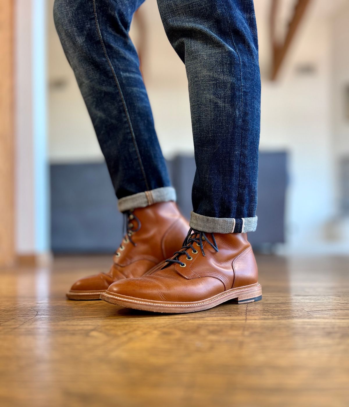 Photo by patinatimes on October 5, 2023 of the Grant Stone Diesel Boot in Badalassi Carlo Saddle Tan Minerva.