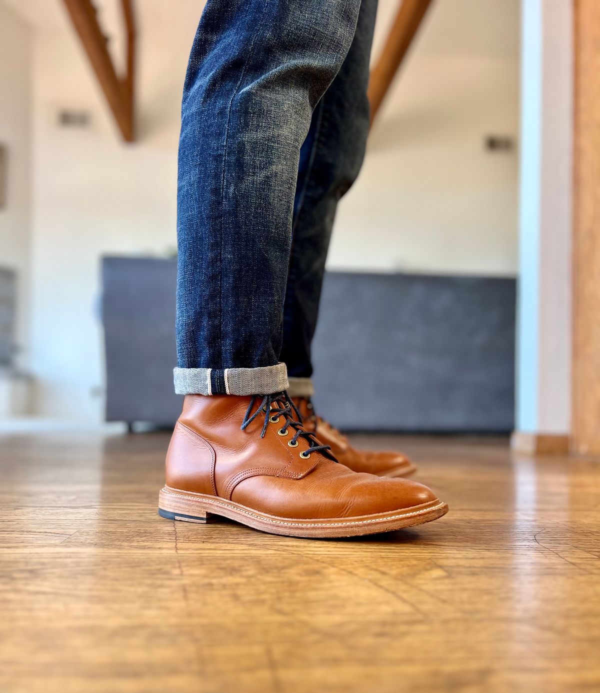 Photo by patinatimes on October 5, 2023 of the Grant Stone Diesel Boot in Badalassi Carlo Saddle Tan Minerva.