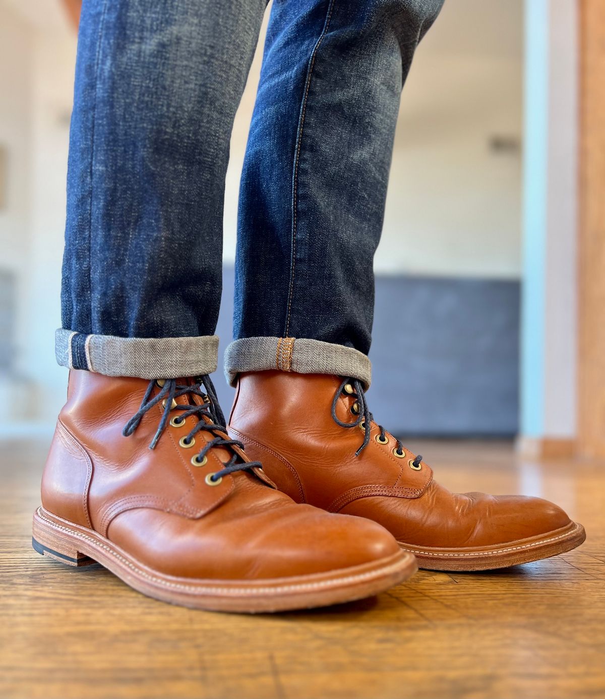 Photo by patinatimes on October 5, 2023 of the Grant Stone Diesel Boot in Badalassi Carlo Saddle Tan Minerva.