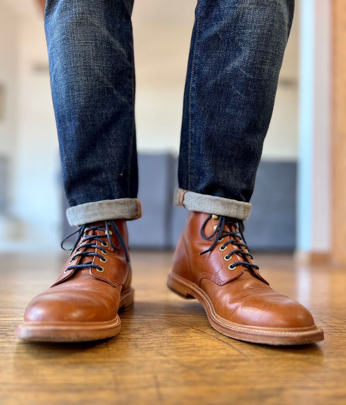 Photo by patinatimes on October 5, 2023 of the Grant Stone Diesel Boot in Badalassi Carlo Saddle Tan Minerva.