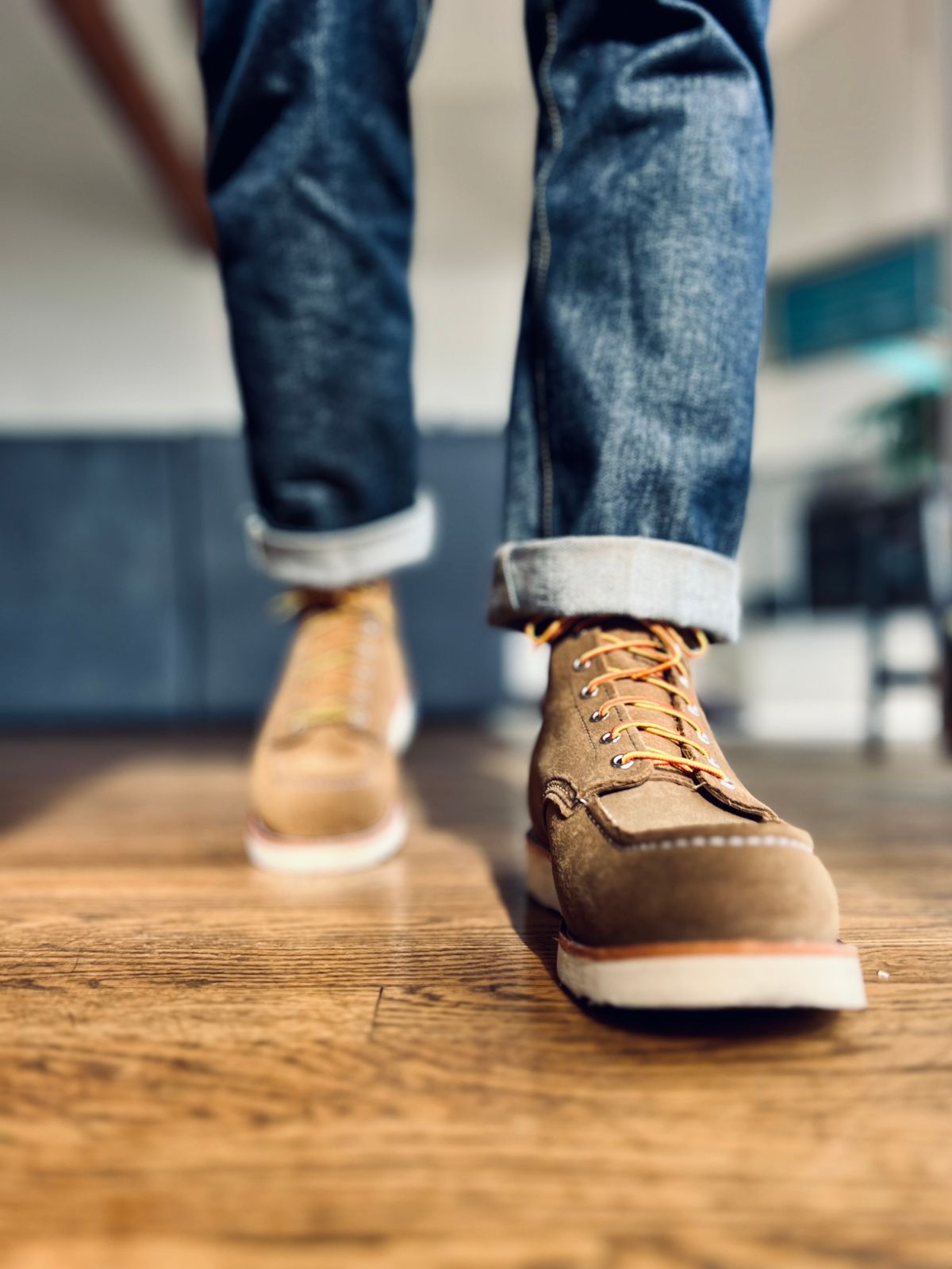 Photo by patinatimes on December 19, 2023 of the Red Wing 6-Inch Classic Moc in S.B. Foot Olive Mohave Roughout.