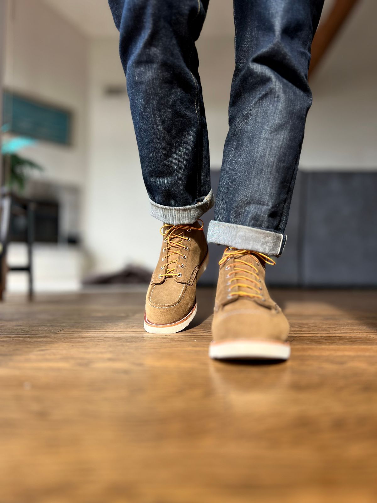 Photo by patinatimes on December 19, 2023 of the Red Wing 6-Inch Classic Moc in S.B. Foot Olive Mohave Roughout.