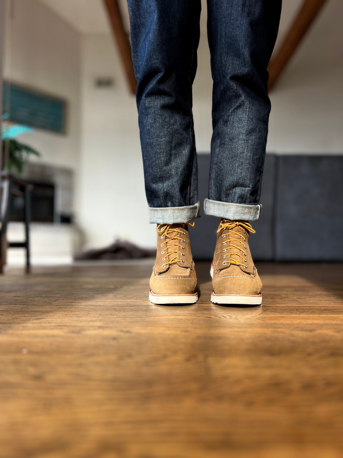 Photo by patinatimes on December 19, 2023 of the Red Wing 6-Inch Classic Moc in S.B. Foot Olive Mohave Roughout.