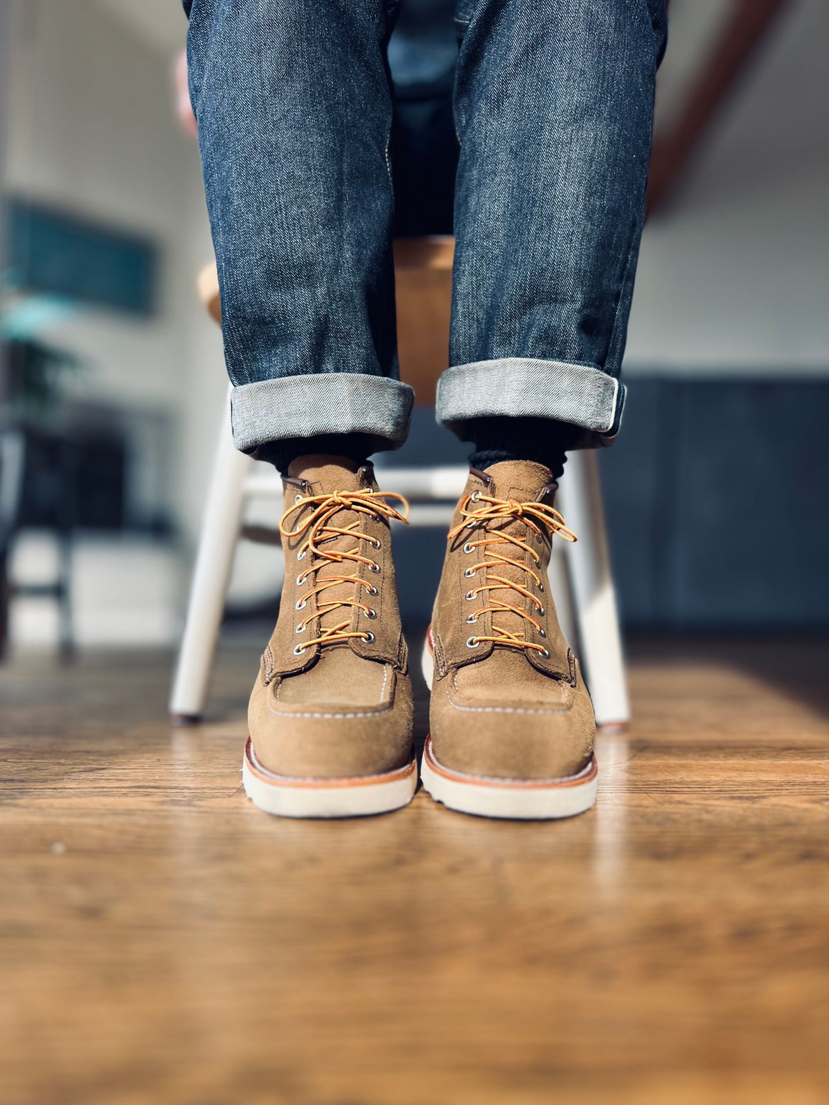 Photo by patinatimes on December 19, 2023 of the Red Wing 6-Inch Classic Moc in S.B. Foot Olive Mohave Roughout.