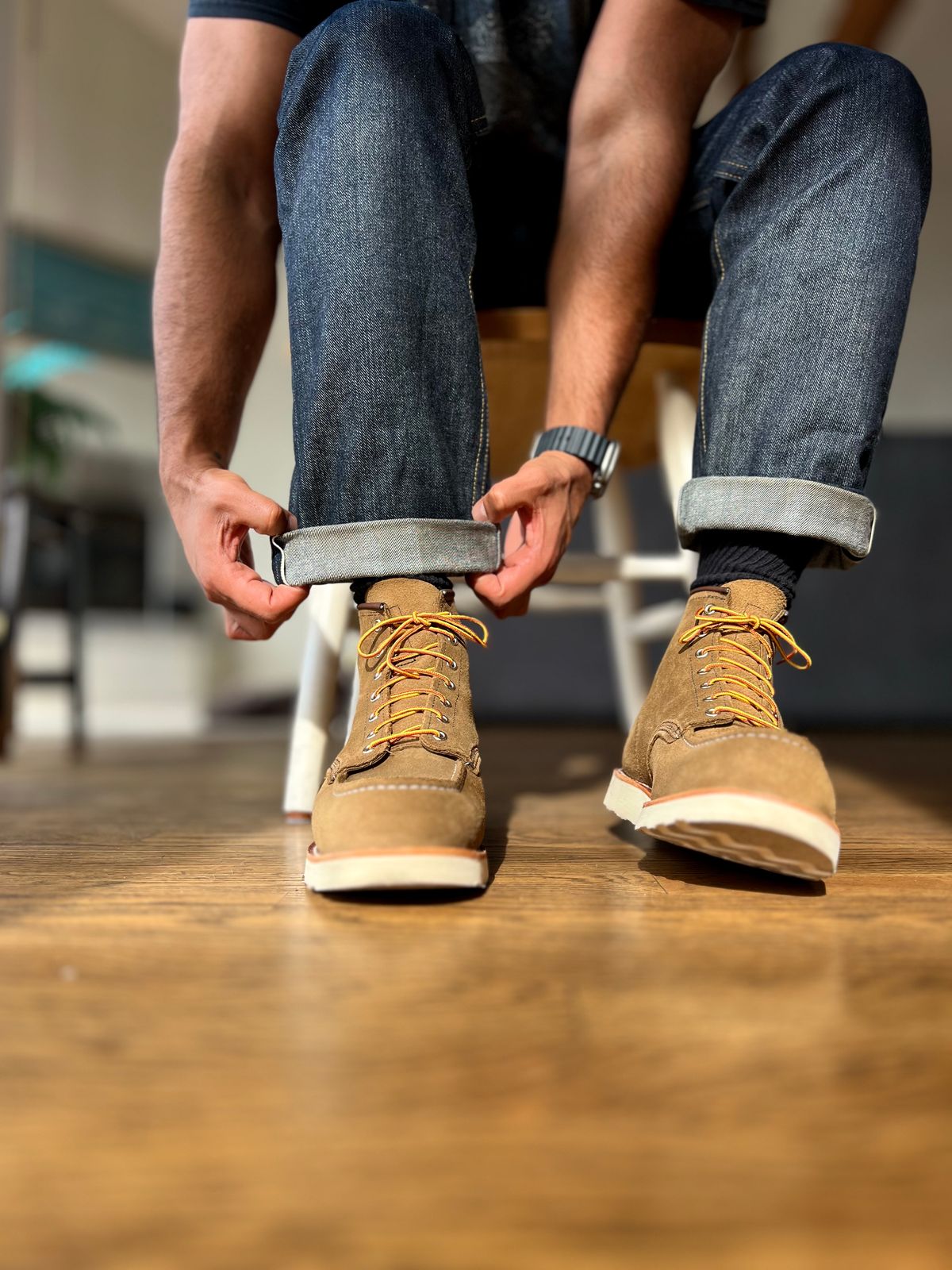 Photo by patinatimes on December 19, 2023 of the Red Wing 6-Inch Classic Moc in S.B. Foot Olive Mohave Roughout.